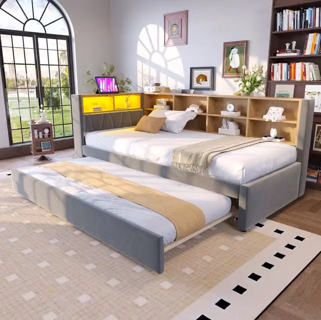 Letto singolo 90x200 cm in tessuto grigio scuro con letto estraibile, per ospiti, senza materasso –