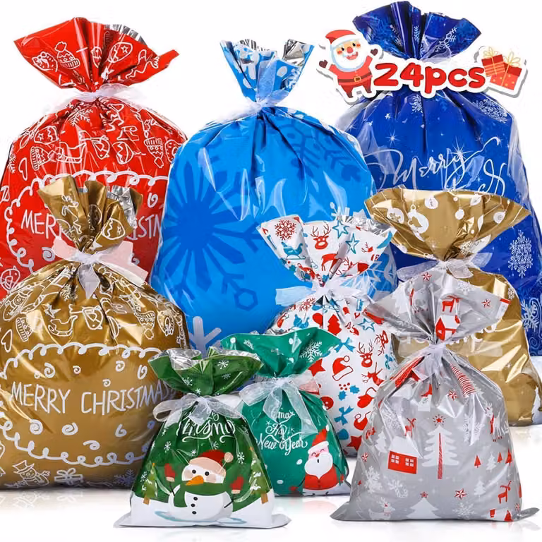 Natale sacchetti regalo imballaggio 24x Natale decorazione sacchetti Santa fiocco di neve albero di Natale 4 dimensioni Nastro adesivo