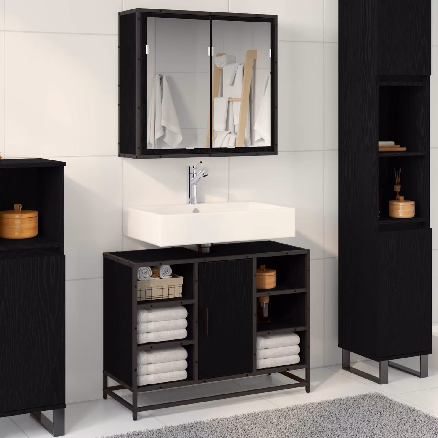 Set di mobili per il bagno vidaXL 2 pezzi in stile moderno nero e rovere con mobile lavabo e armadietto con specchio L 80 x P 33 x H 60 cm – 1