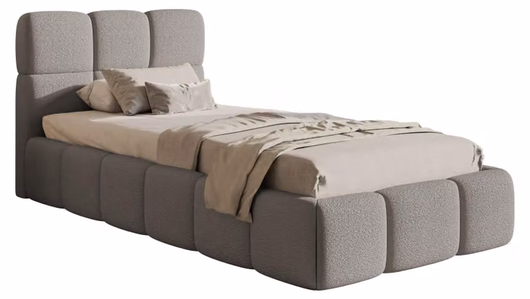 Selsey Cloudy – Letto imbottito 90x200 cm, contenitore e rete a doghe, grigio bouclé