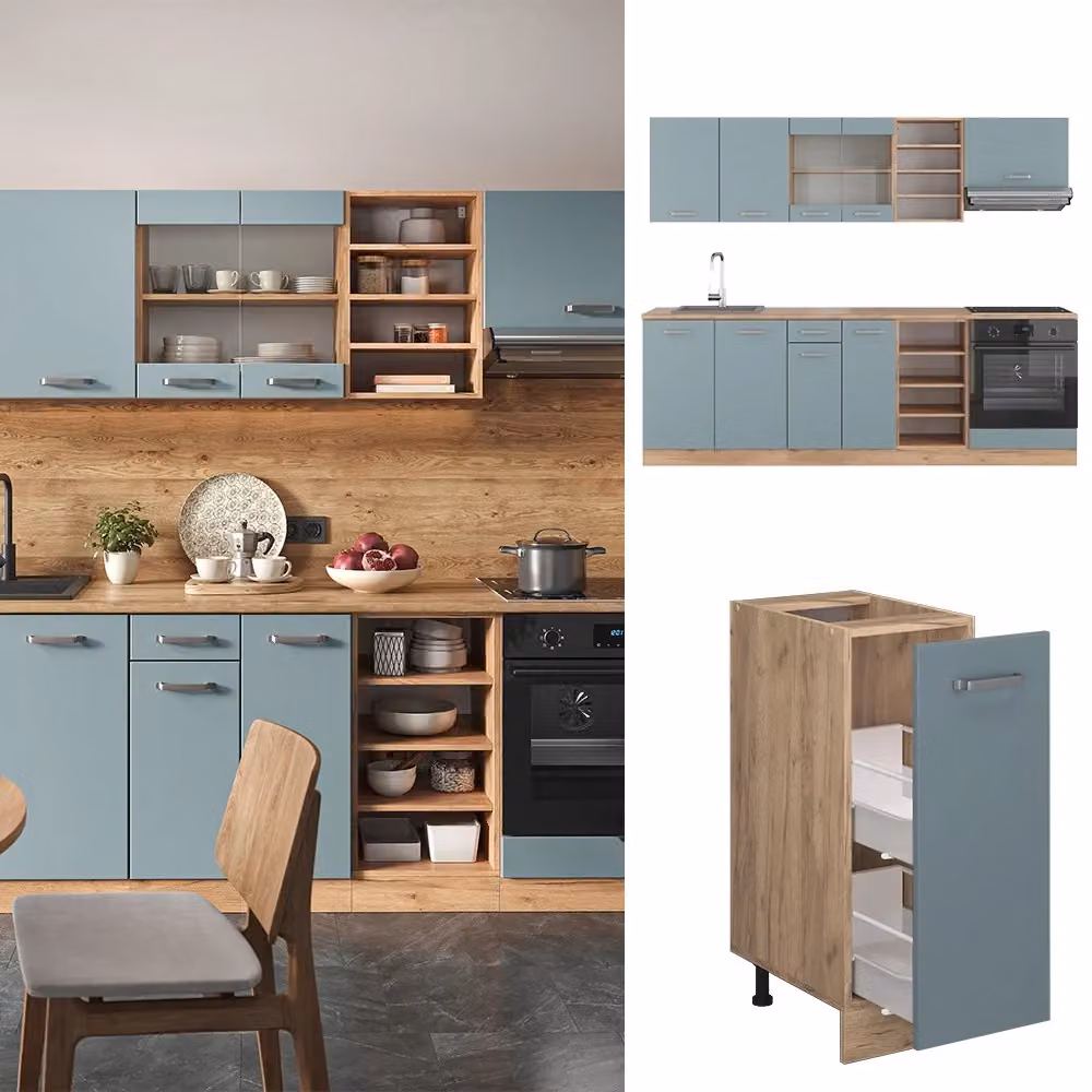 Cucina componibile moderna R-Line Vicco, Grigio-blu e Rovere, L: 240 cm – 2