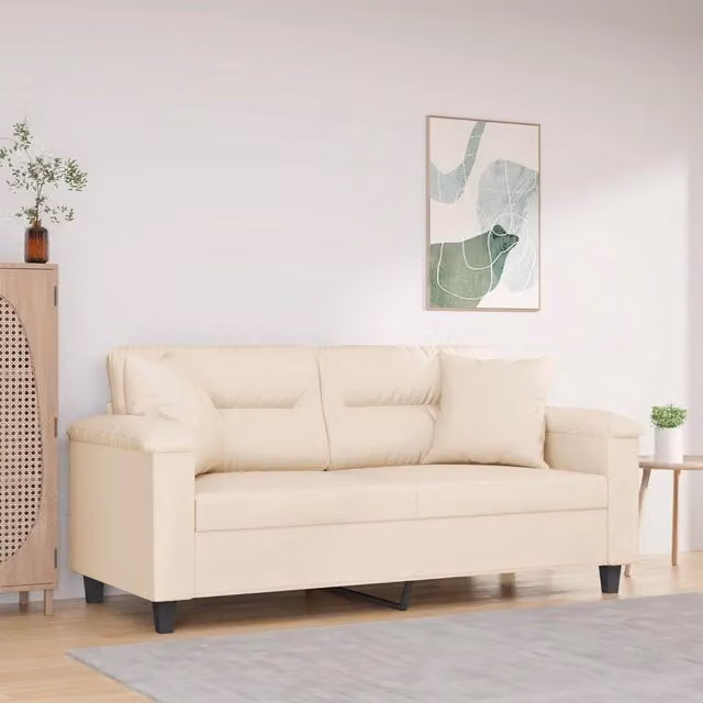 Divano a 2 Posti con Cuscini-Sofa 2 Posti con Cuscini Beige 140 cm Tessuto Microfibra