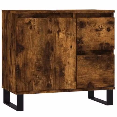 Helloshop26 Armadietto da bagno in legno di ingegneria con gambe in ferro e grande capienza, 65 x 33 x 60 cm, in rovere fumato, 02_0049047