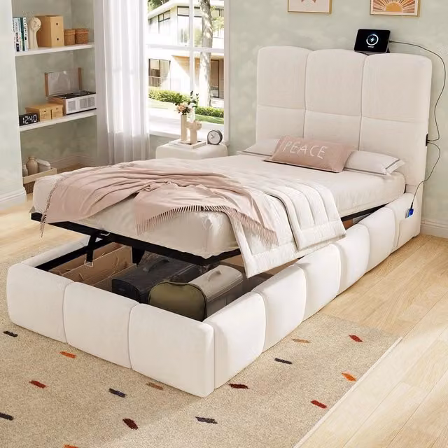 Letto imbottito singolo con contenitore ¨C Minimal ¨C beige velluto 90x200cm con rete a doghe testiera e porta USB idraulico