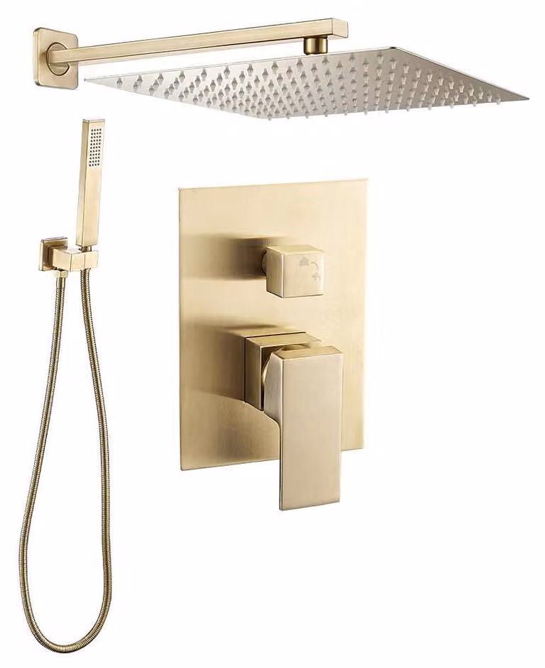 Doccia da incasso, finitura dorata spazzolata, 2 getti, diametro 25 cm, serie Tajo