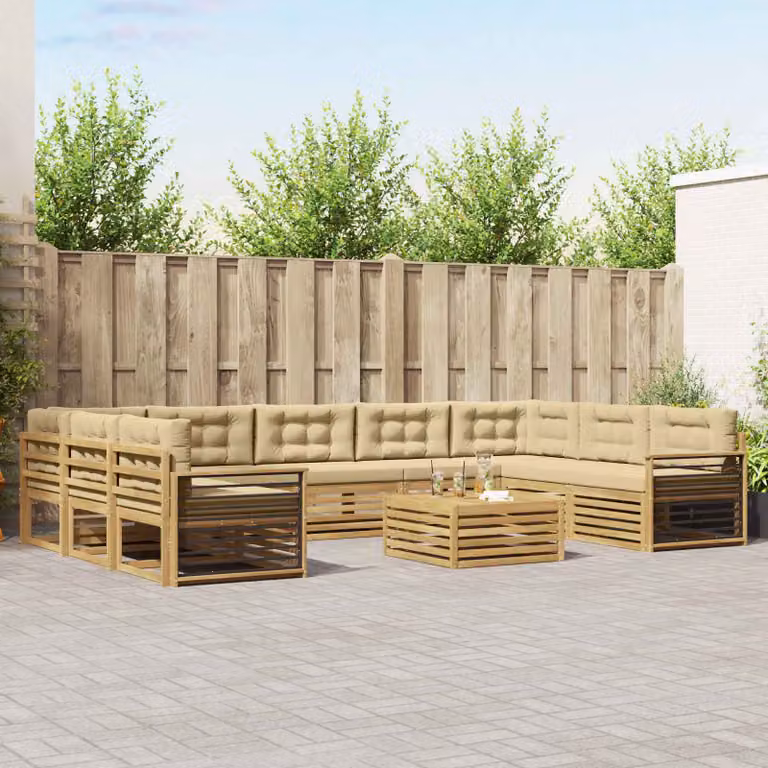 Set di divani da esterno vidaXL in legno di acacia con cuscini, design moderno a L, Bianco e Beige