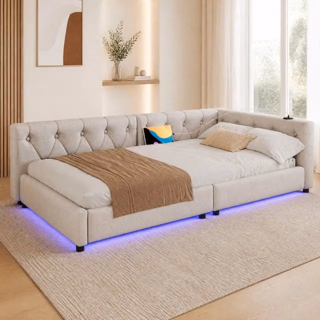 Letto da giorno REDOM in tessuto beige con porte USB, luce di lettura integrata e illuminazione sottostante L/P: 90 x 200 cm