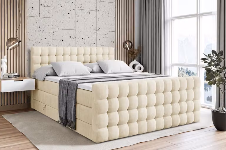 Letto boxspring ALTDECOR con materasso e rete a doghe - VIONE -Z KING - 160x200 cm - Beige Monolith - Coprimaterasso, pediera, letto imbottito con contenitore, letto con vano portaoggetti H3 e H4 - Materasso, letto matrimoniale, letto boxspring
