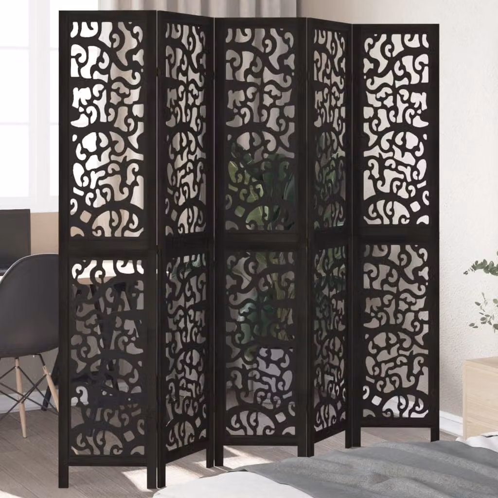 Divisorio Ambienti vidaXL con 5 Pannelli in Legno Massello di Paulownia Nero Opaco H: 180 cm, L: 200 cm