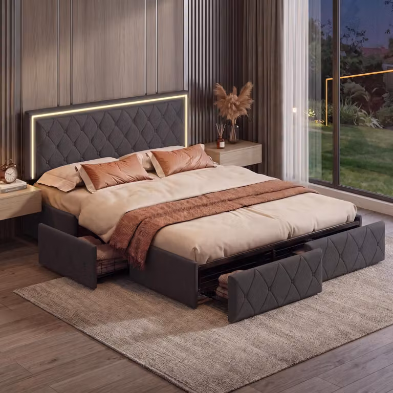 Letto imbottito 140x200 cm con spazio contenitore, letto matrimoniale con poggiatesta regolabile in altezza, letto con cassetti (4) integrati, struttura del letto con rete a listelli, rivestito in PU, colore grigio