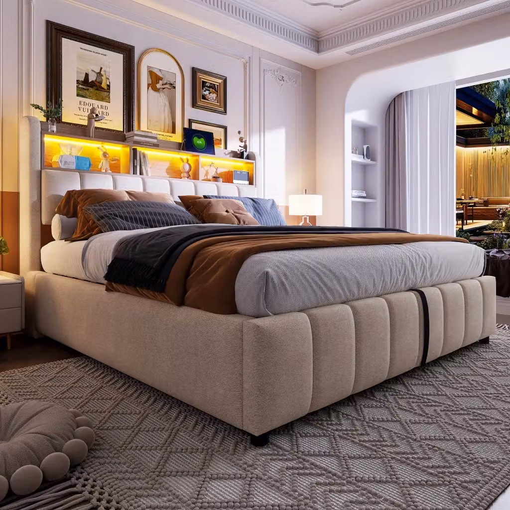Letto contenitore matrimoniale OKWISH in tessuto beige con illuminazione LED, porte USB e USB-C, L/P: 180 x 200 cm – 2