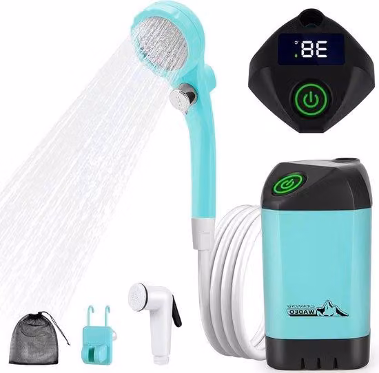 Doccia da campeggio portatile - Ricaricabile - Batteria da 6000 mAh - Doccia da esterno - Soffione e tubo flessibile - Per campeggio, viaggi, giardino, lavaggio auto.