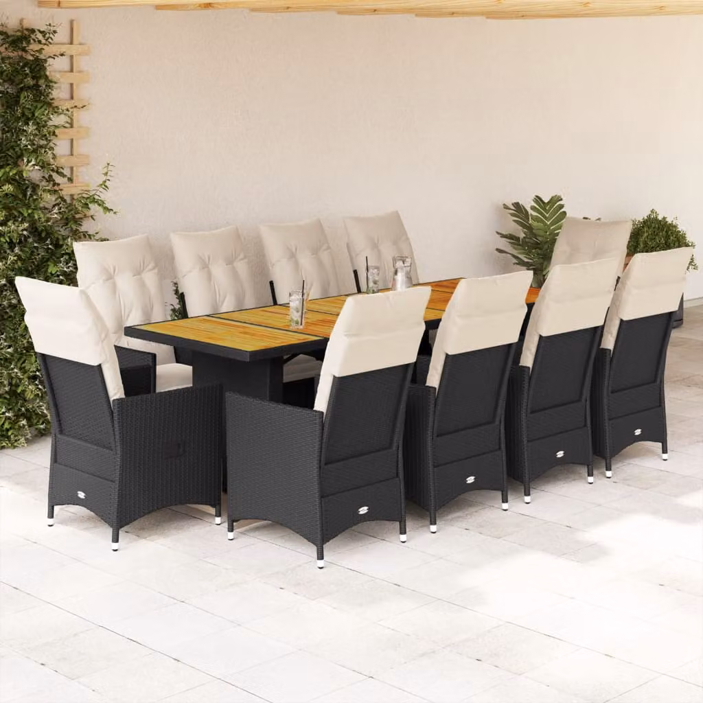 Set da Bistrò da Giardino vidaXL 11 pz in Polyrattan e Legno di Acacia con Cuscini Nero e Bianco