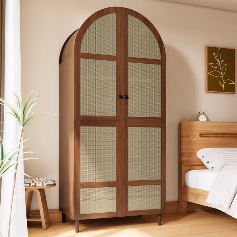 Armadio Merax con ante curve e frontale in rattan, mobile guardaroba con asta appendiabiti e cassetti, armadio per camera da letto, ingresso, noce