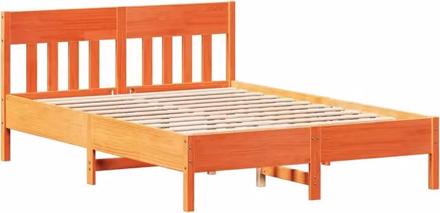 Letto matrimoniale in legno di pino color marrone cera con stile rustico, L/P/H: 140.5 x 195.5 x 81.0 cm