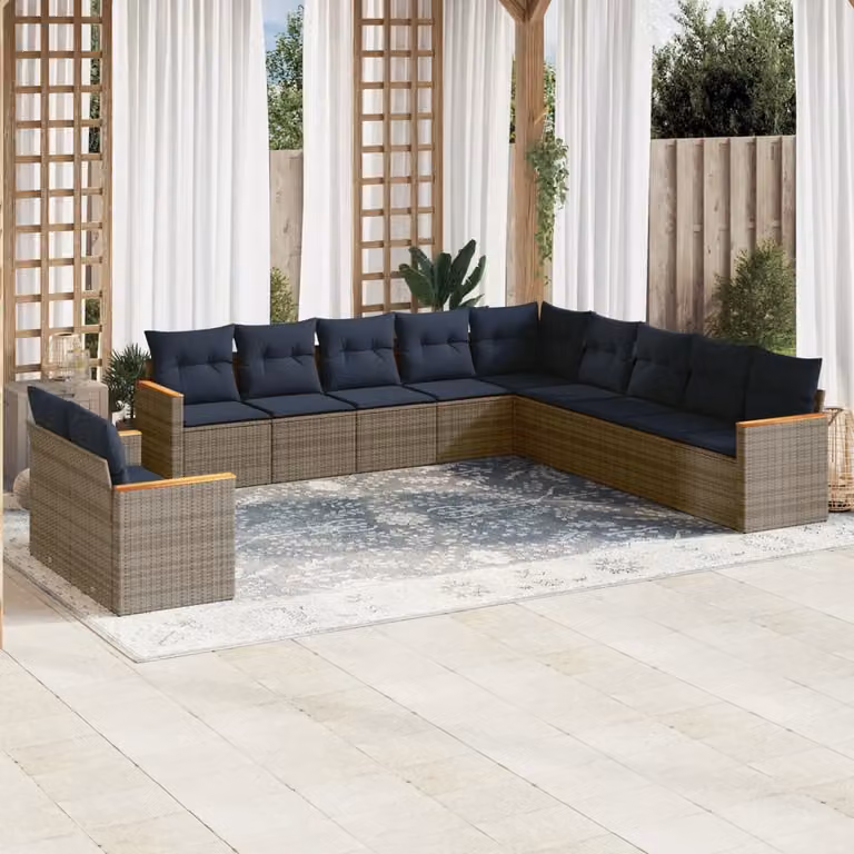 Set di divani da giardino vidaXL in rattan con 11 pezzi e cuscini grigi e blu con struttura in metallo e forma a L