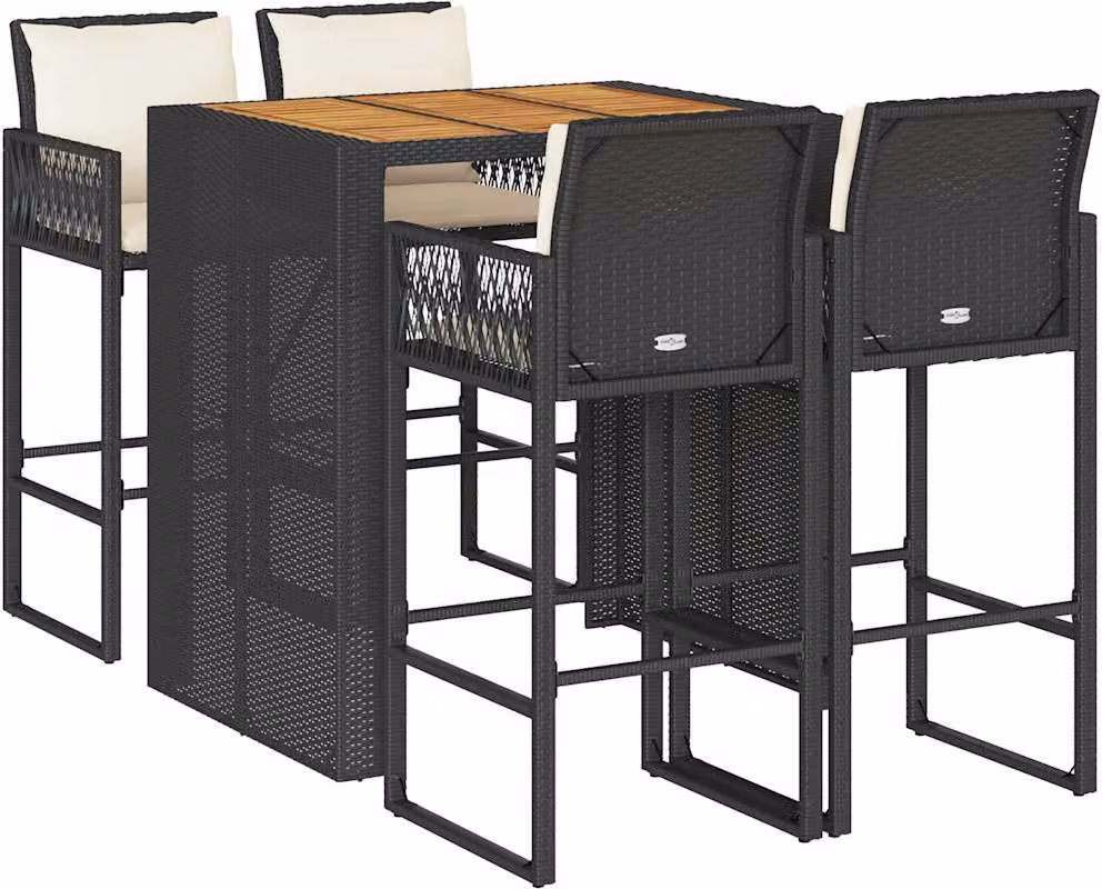 Set Bar da Giardino 5 pz con Cuscini Nero in Polyrattan Acacia