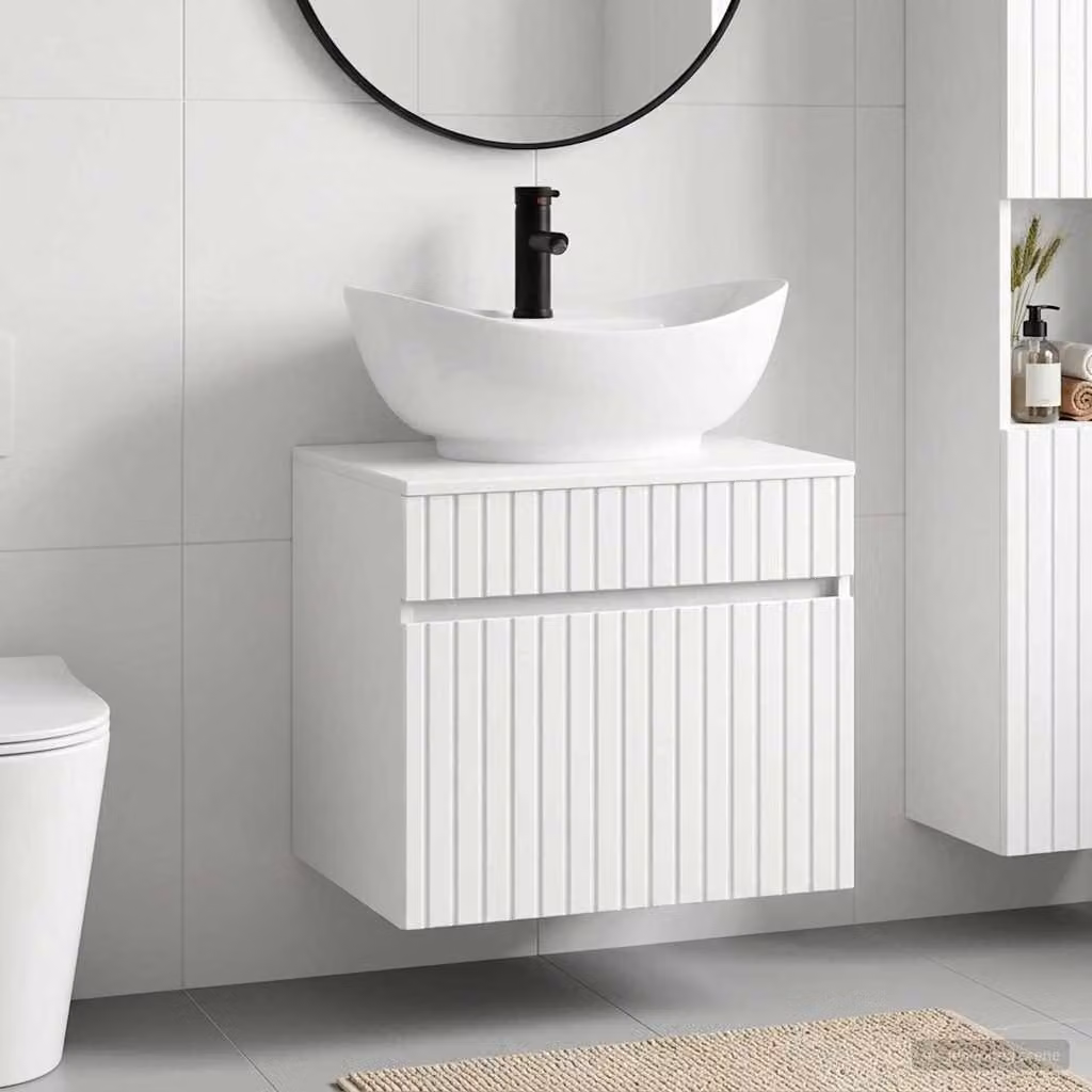 Set di mobili da bagno sospesi vidaXL in MDF bianco lucido con cassetti e ante
