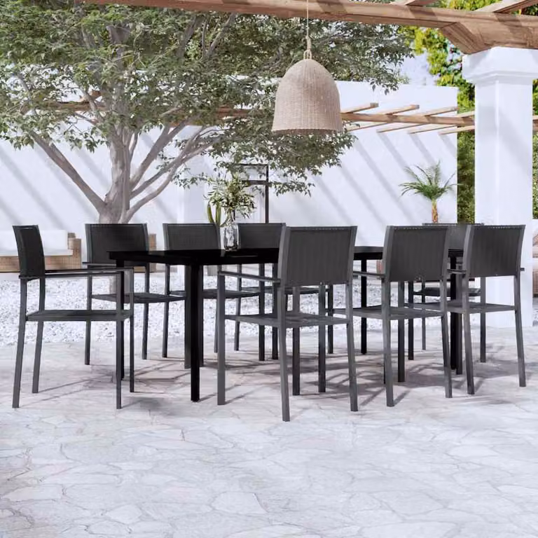 Set da pranzo da giardino vidaXL in acciaio nero opaco con tavolo in vetro, 9 pezzi