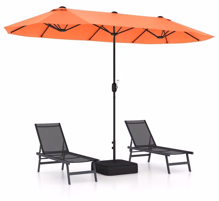 Ombrellone doppio con base, 400 x 200 cm, colore arancione, protezione UV 30+, con manovella