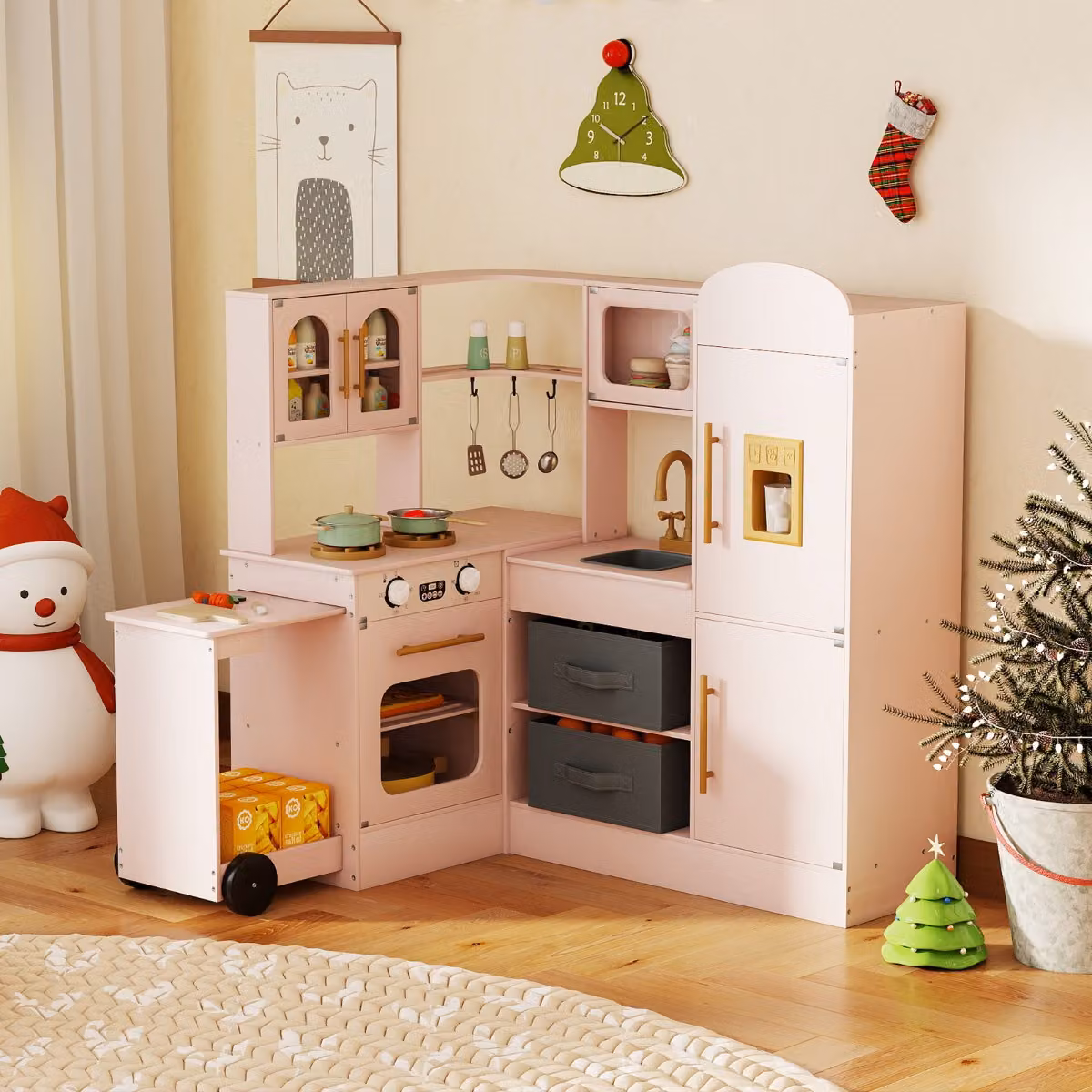 Cucina giocattolo ad angolo Costway in legno con luci e suoni, set interattivo rosa per bambini