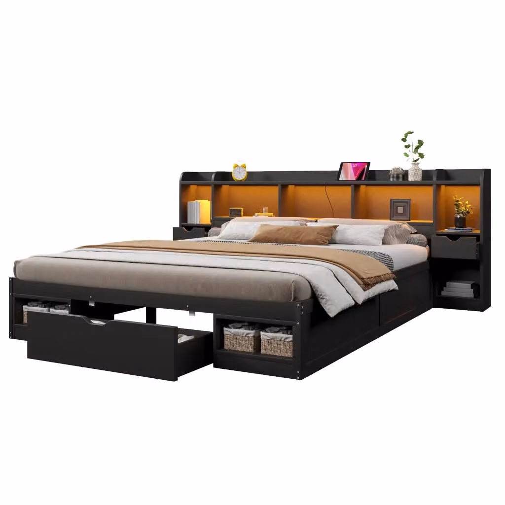 Letto contenitore matrimoniale nero con LED, porte USB e cassetti, L/P: 180 x 200 cm – 2