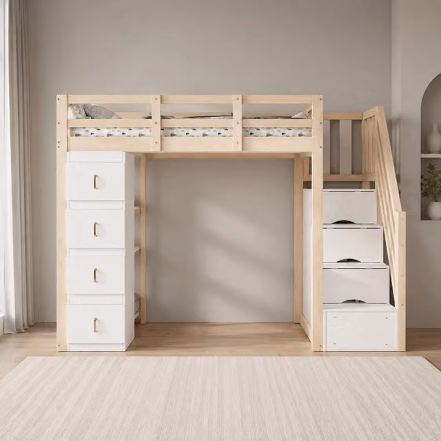 Letto a soppalco 90x200 cm con 4 cassetti; scaffale a 3 livelli e scala laterale; colore legno naturale