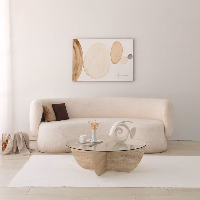 Skye Decor, Lily, tavolini da salotto, travertino, vetro, 90 x 30 x 90 cm