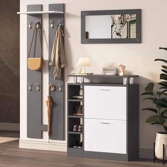 Set appendiabiti a muro con specchio ¨C Minimal ¨C Grigio antracite opaco, 80x25x96.5 cm, legno multistrato, scarpiera inclusa