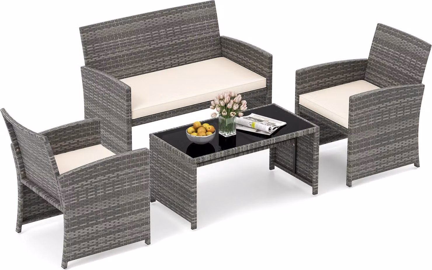 Set di mobili da giardino in polyrattan COSTWAY, mobili da esterno, set composto da 2 sedie, panca, tavolo e cuscini, mobili da terrazza, set da giardino beige
