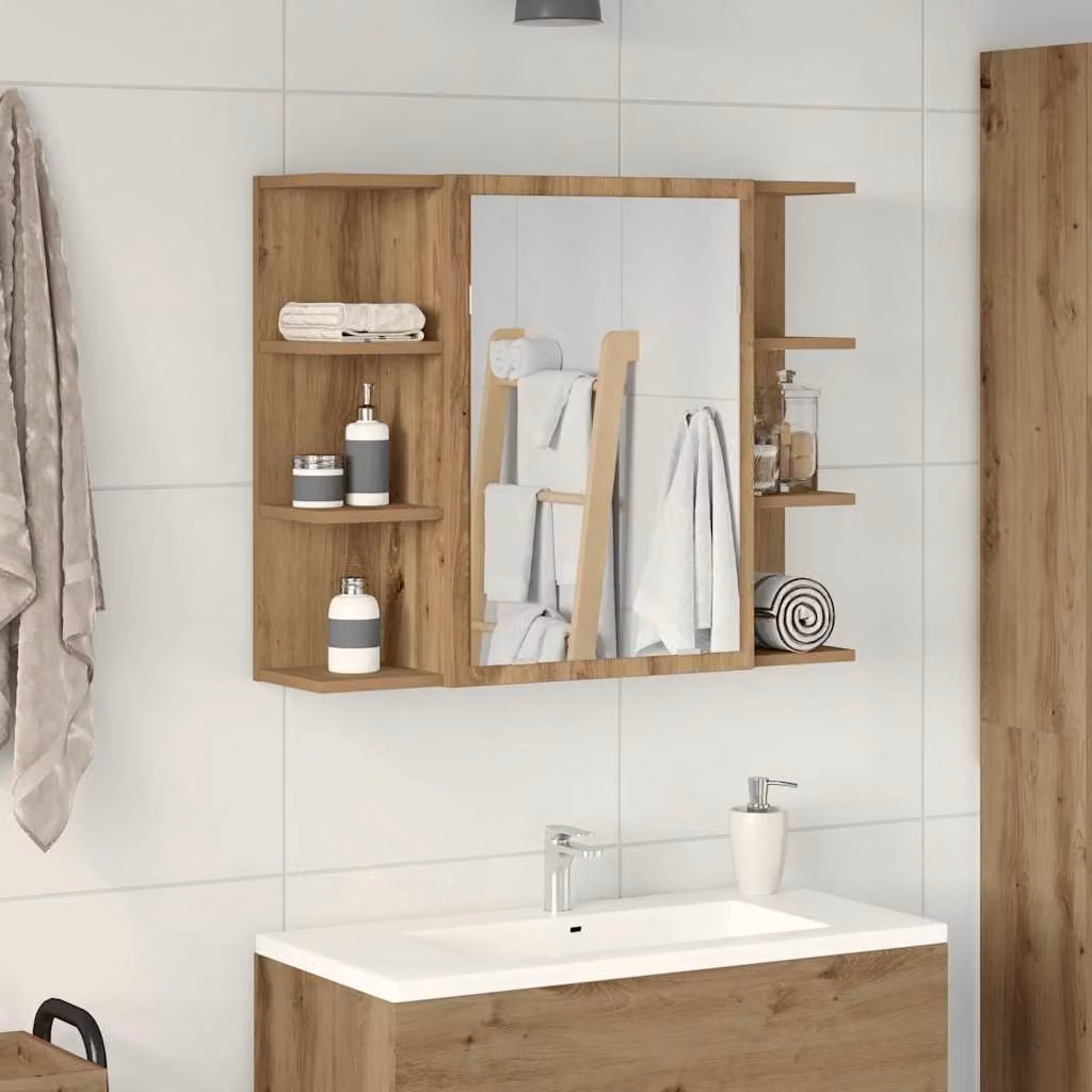 Mobile da bagno con specchio vidaXL in legno rovere marrone con ante a battente e ripiani interni