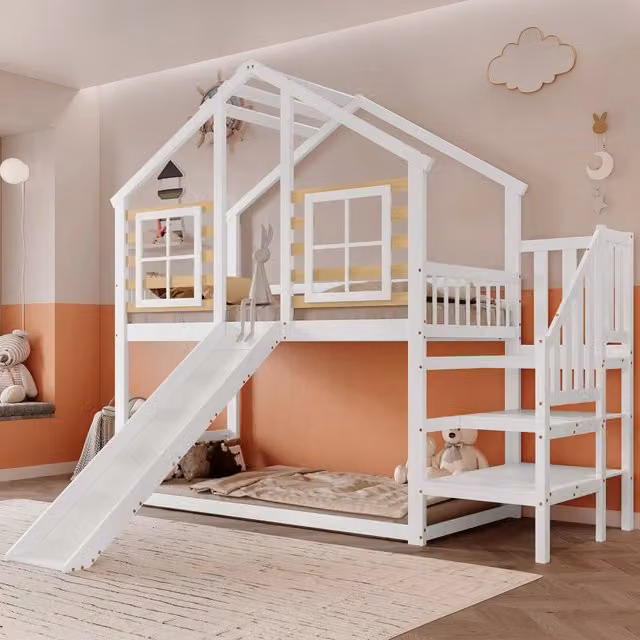 Letto a castello per bambini 90×200 cm con scala, scivolo e finestre, senza materasso, in legno bianco naturale