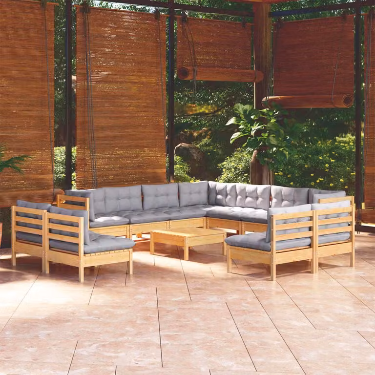 The Living Store Set salotto da giardino 12 pezzi con cuscini grigi in legno di pino massiccio