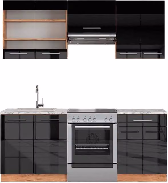 Cucina componibile moderna Vicco Fame-Line Antracite lucido e Rovere dorato L: 200 cm – 1