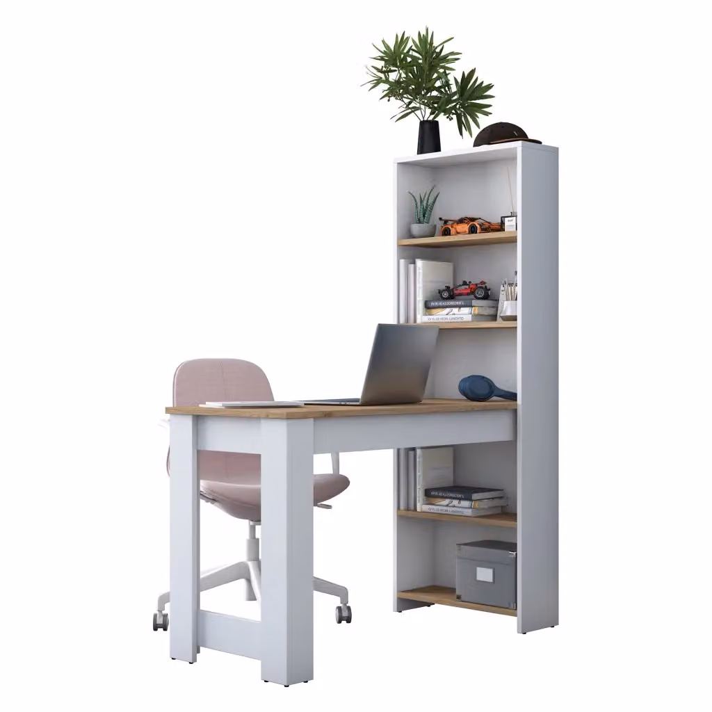 Scrivania DMORA Cervaro con 5 ripiani, colore marrone rovere e bianco, L 120 cm x P 54 cm x H 154 cm – 2