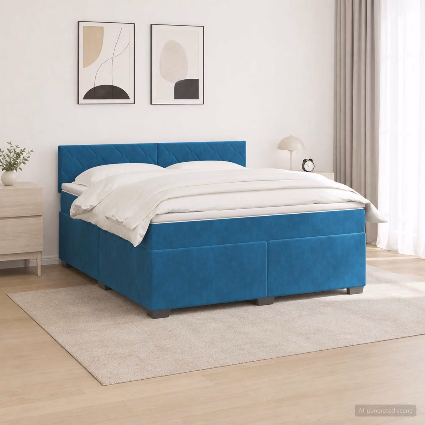 Letto con Box Spring vidaXL in Velluto Blu e Bianco con Illuminazione LED e Porta USB, L/P: 160 x 200 cm