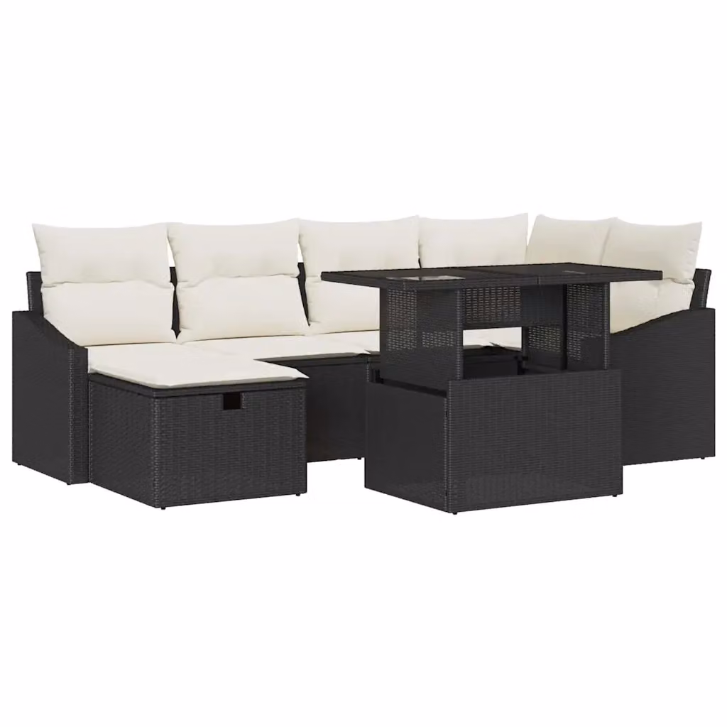 Set Divano da Giardino vidaXL 7 Pezzi a Forma di L con Cuscini Beige e Nero in Polyrattan e Acciaio – 2