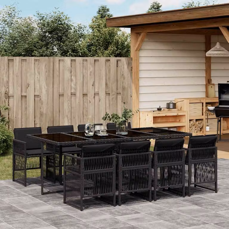 vidaXL Set da Pranzo da Giardino 9 pz in Polyrattan Nero con Cuscini e Tavolo in Vetro
