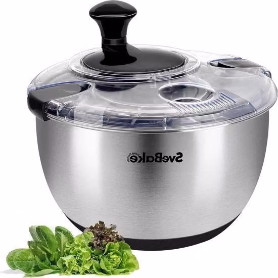 Centrifuga per insalata 2bake in acciaio inossidabile 18/10 con azionamento a leva, capacità 45 litri, colore argento