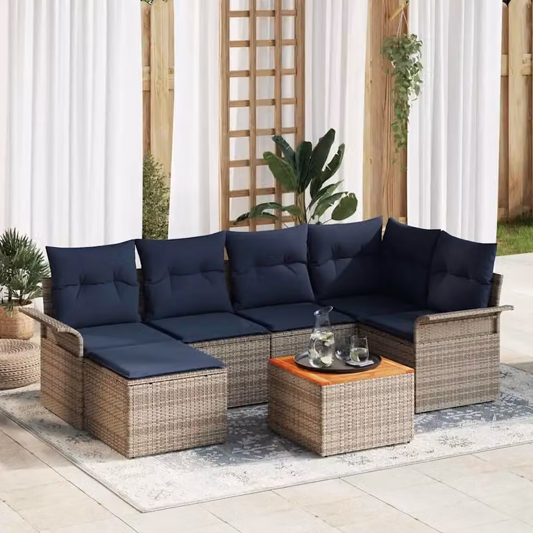 Set Divano da Giardino vidaXL 7 pz a Forma a L con Tavolino e Cuscini Grigio e Blu Navy in Polyrattan e Acciaio