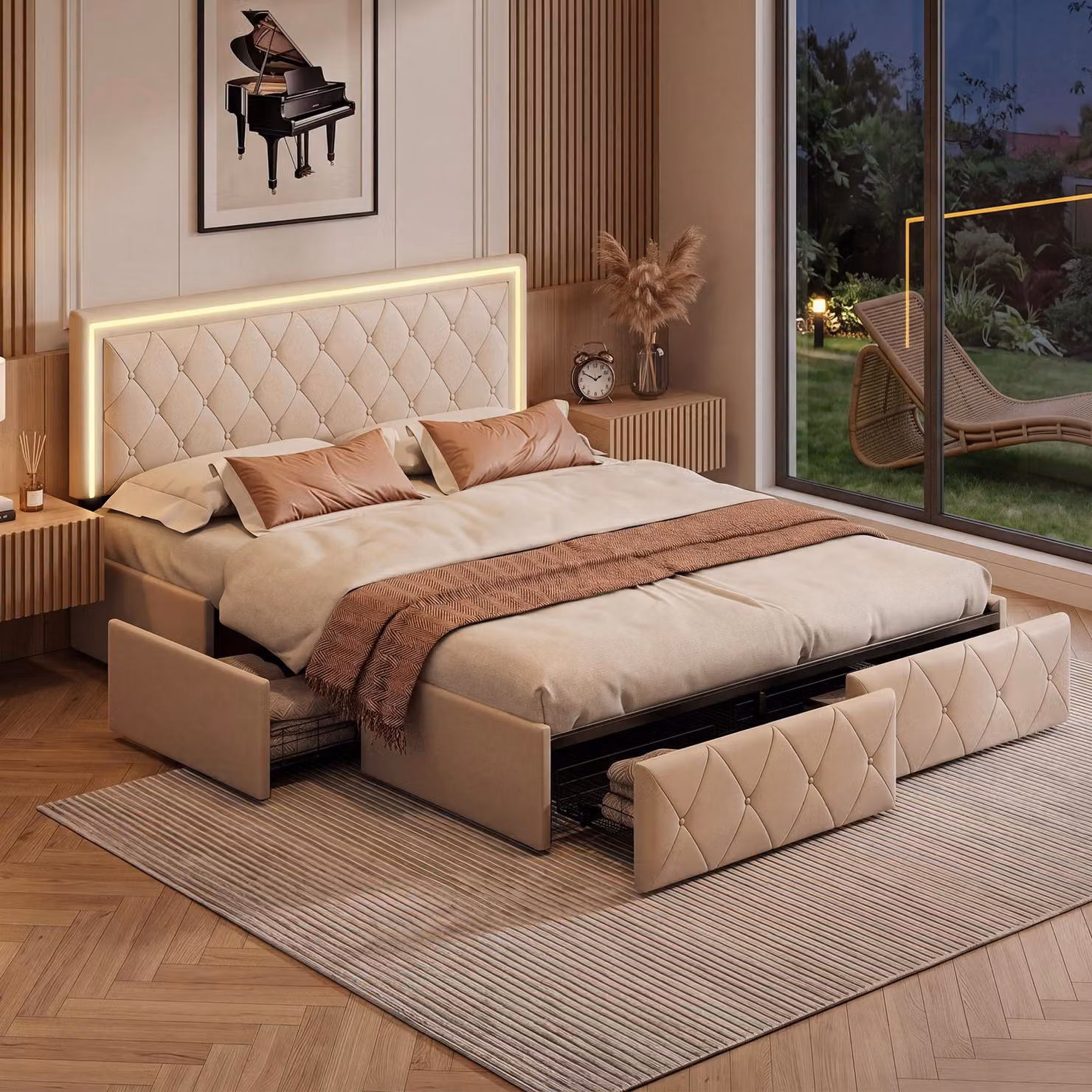 Letto imbottito UnboxG, 160x200 cm, con LED, 4 cassetti e poggiatesta regolabile in altezza, rivestito in ecopelle, rete a doghe, colore beige
