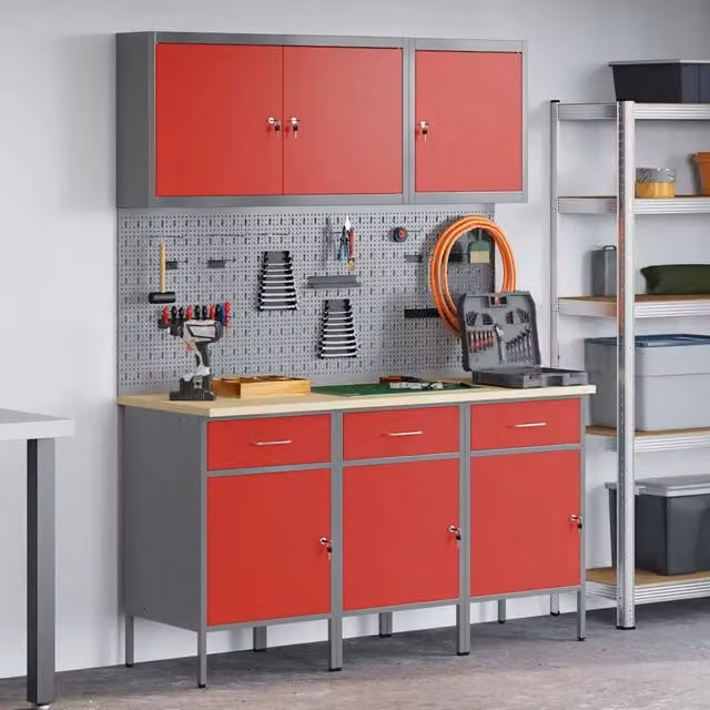 Mobile da lavoro con cassetto vidaXL 8 pezzi in acciaio e legno Rosso e Grigio L: 200 cm, P: 55 cm, H: 35 cm
