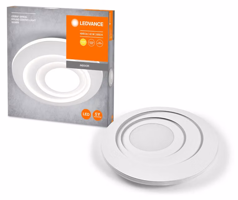 LEDVANCE ORBIS SPIRAL Plafoniera LED, bianca, 40W, 4000lm, diametro 505mm, distribuzione della luce molto omogenea, luce diretta e indiretta, modulo LED integrato, lunga durata, 3000K