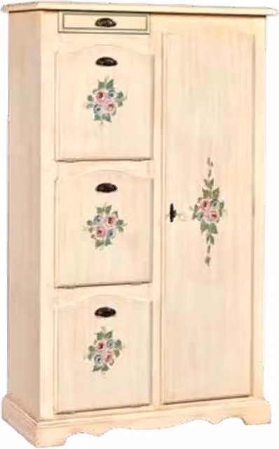 Scarpiera con vano multiuso Mobili 2G in finitura laccato avorio pennellato con decori floreali L: 94 cm, P: 43 cm, H: 155 cm