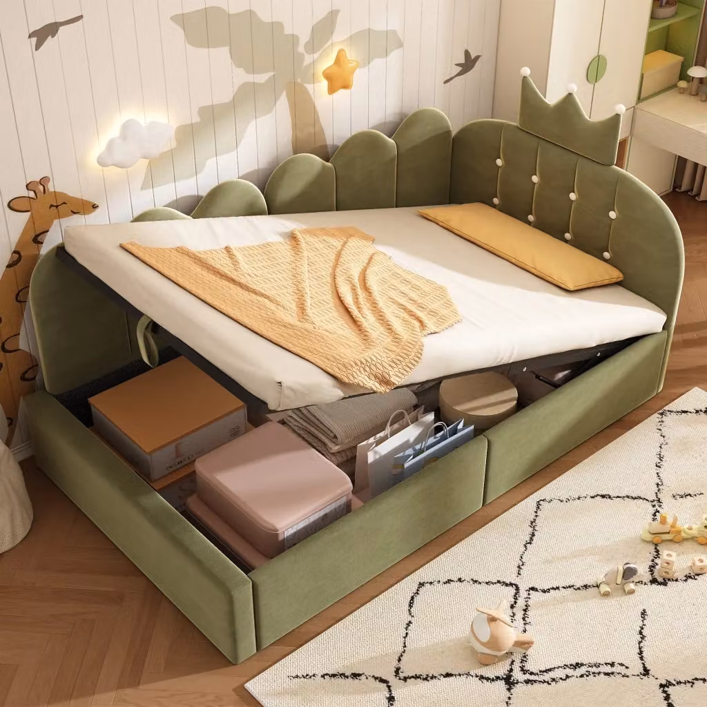 Letto singolo salvaspazio Chicfurn con rete sollevabile e testiera a corona in velluto verde, L/P/H: 90 x 190 x 96 cm – 2
