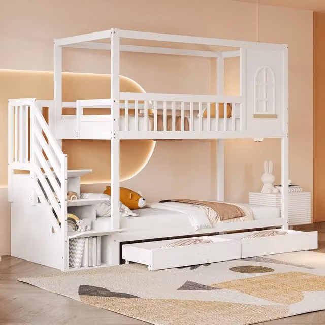 Letto a castello per bambini 90x200 cm in legno massello, a forma di casetta con finestre, bianco, con scala contenitore e cassetti sottoletto