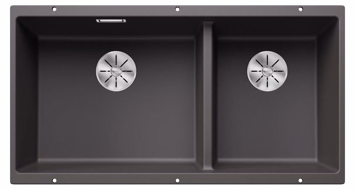 Lavello da cucina in granito, 855x460 mm, 2 vasche, colore grigio pietra, senza piano di appoggio