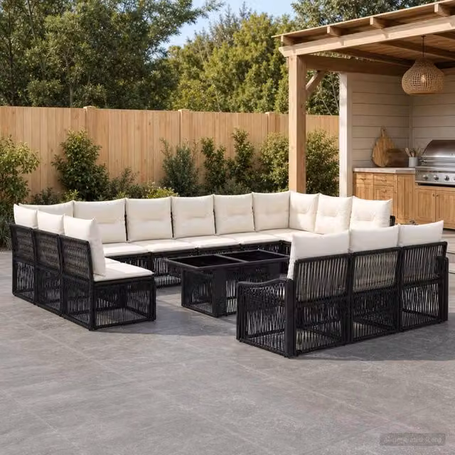 Set Divano da Giardino Moderno vidaXL in Polyrattan Nero e Bianco Crema con Cuscini e Tavolino in Vetro