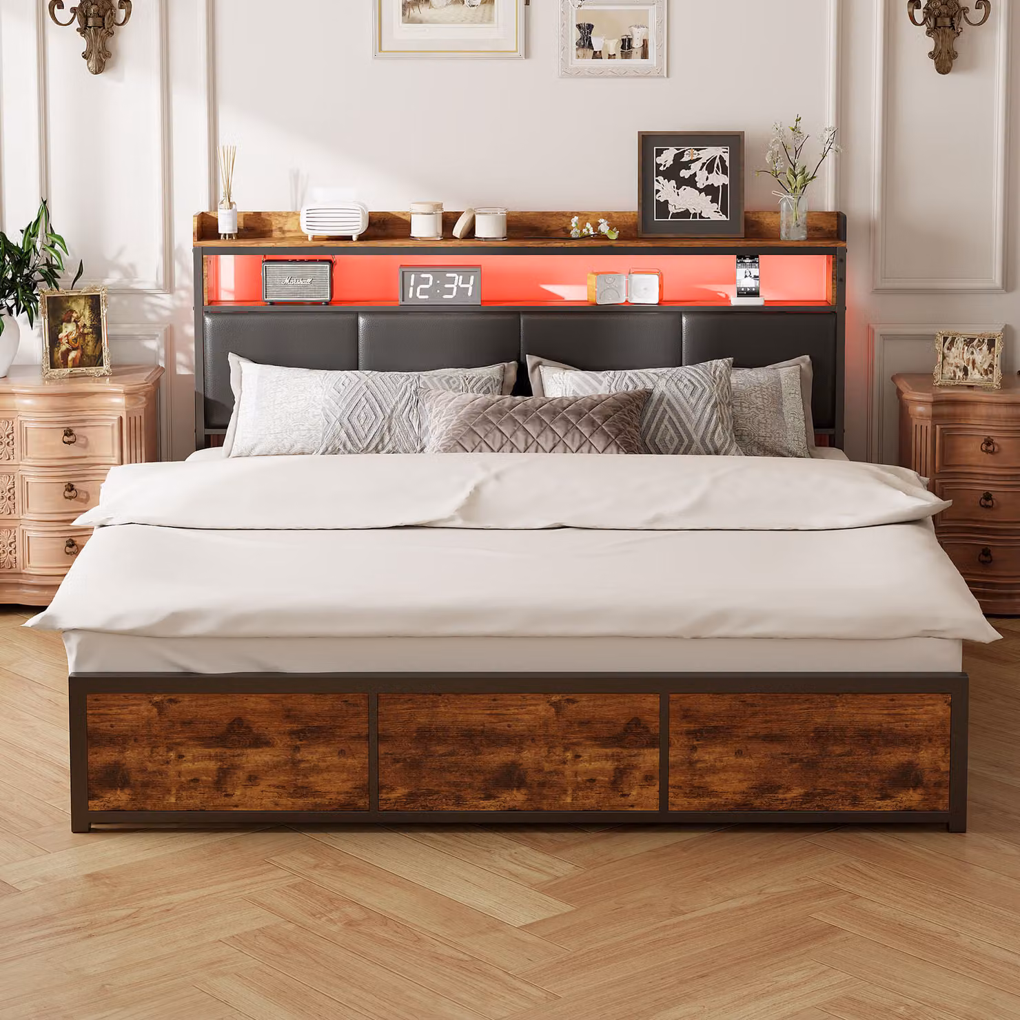 Letto imbottito 160x200cm con illuminazione LED e 4 cassetti, struttura letto matrimoniale con rete a doghe e testiera, PU, letto per ragazzi, nero
