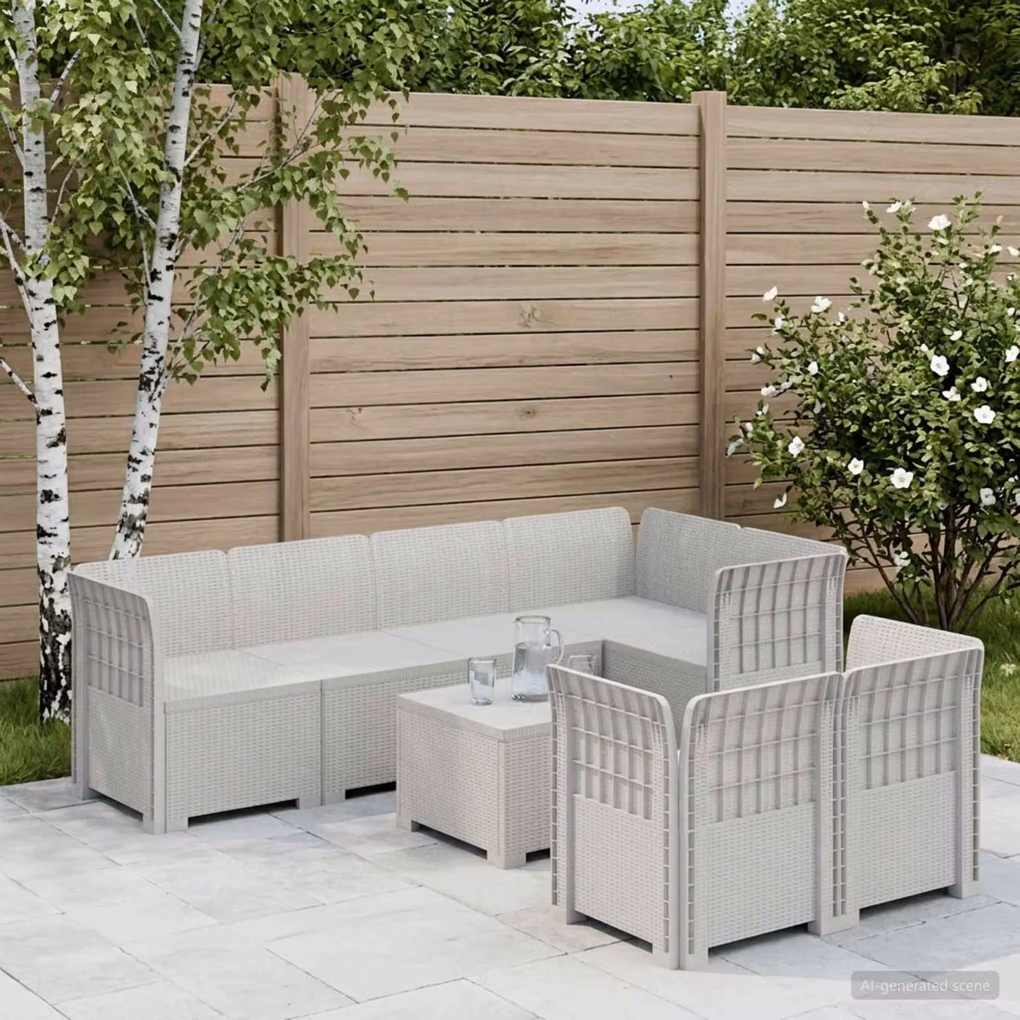Divano da giardino a L con 7 posti vidaXL bianco con cuscini in tessuto e decorativi